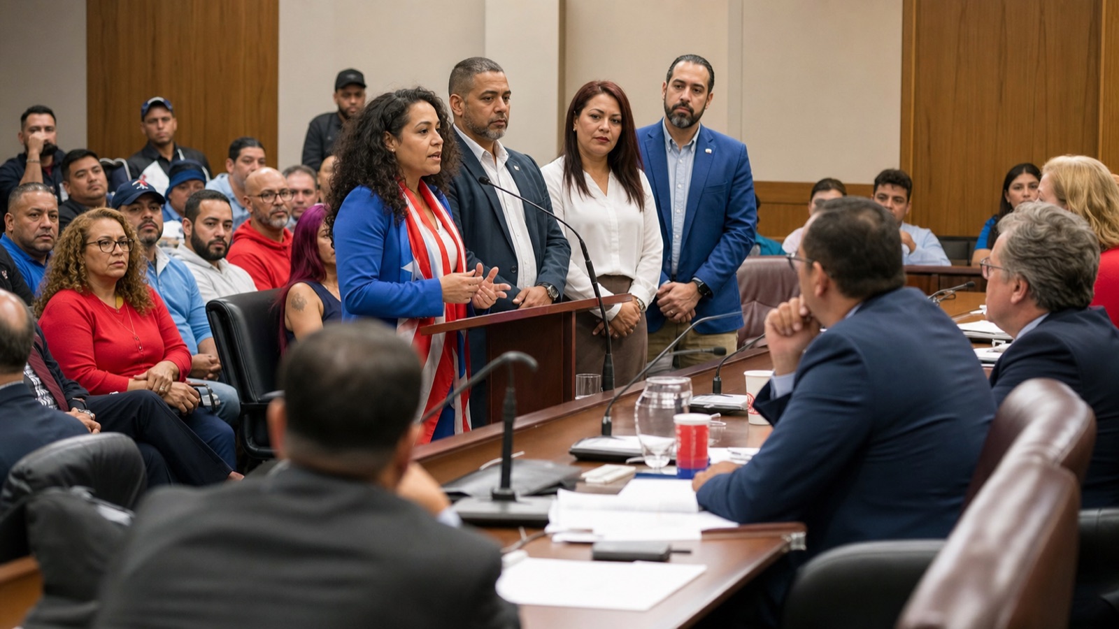 Puerto Rican community organizers presenting Boricua Block Party safety and planning priorities during a Cleveland committee hearing