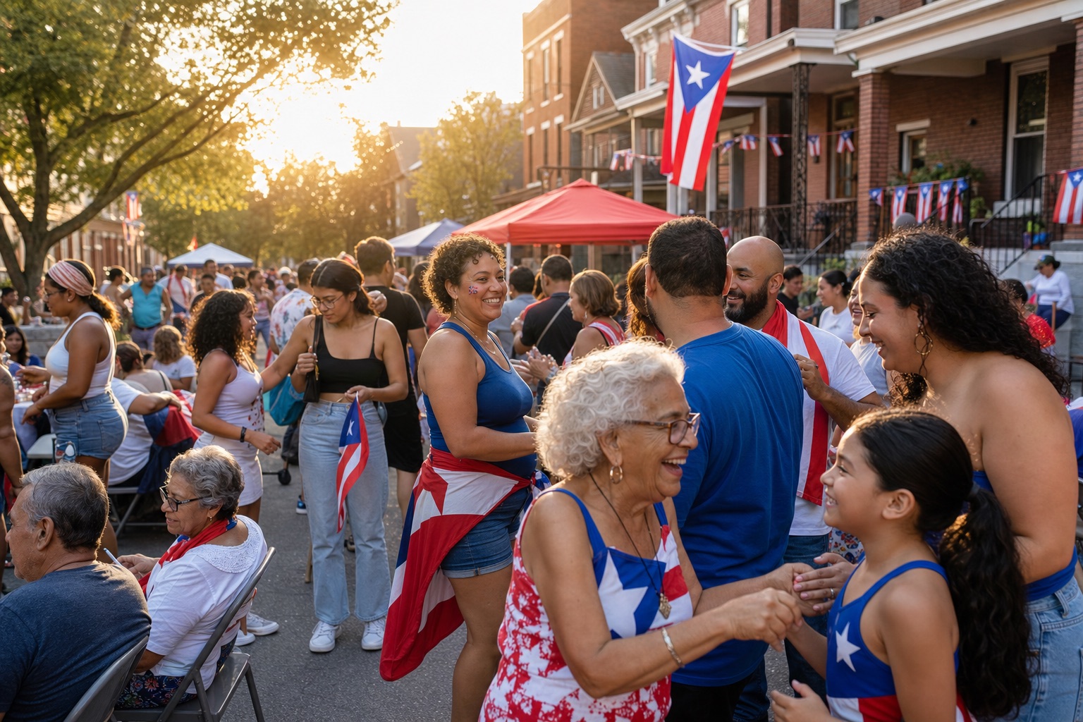 Puerto Rican families and musicians celebrating together at Boricua Block Party in Cleveland