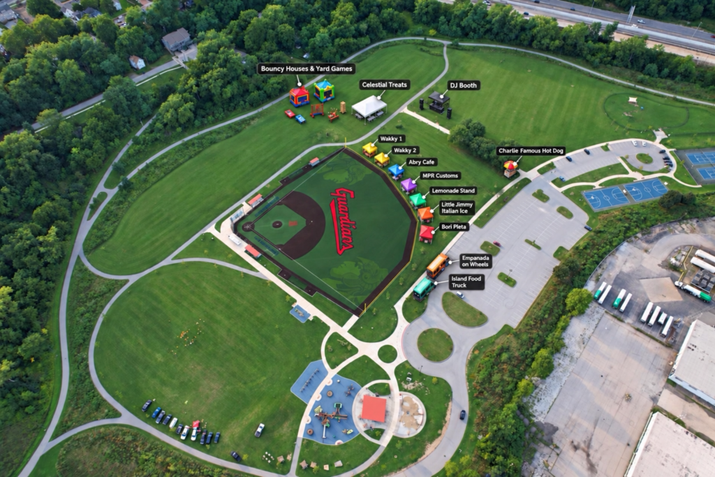 Original Clark Field food and activity layout showing Wakky booths, Abry Cafe, MPR Customs, drinks and desserts, two food trucks, Celestial Treats, a hot-dog cart, bouncy houses, yard games, and the DJ booth