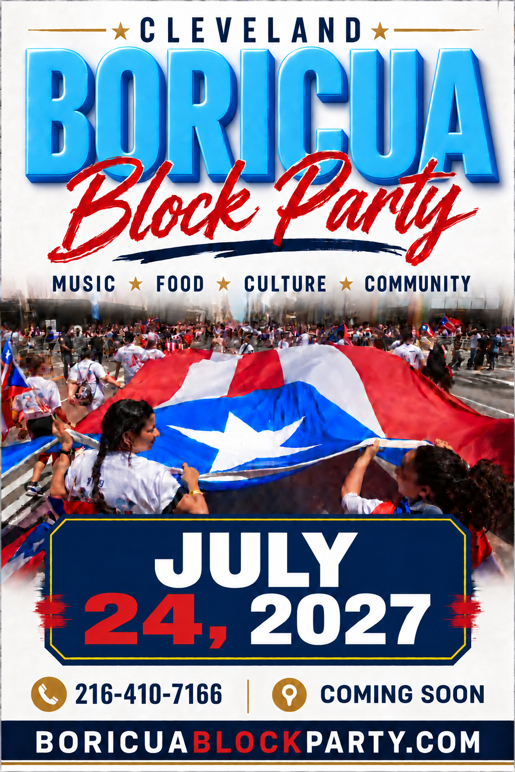 Official Cleveland Boricua Block Party 2027 flyer for July 24, 2027