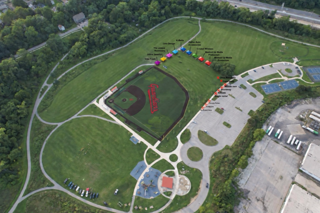Original Clark Field marketplace layout showing Vida Fresh, Jolina Jewelry, The unique Accessory, Lara Design, K-Bella, Father Auto Accessories, Cricket Wireless, Masked Up Media Production, and partner booths beside the parking area