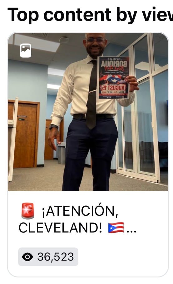 A shared social-media screenshot showing a person holding an early block party flyer and a displayed view count.