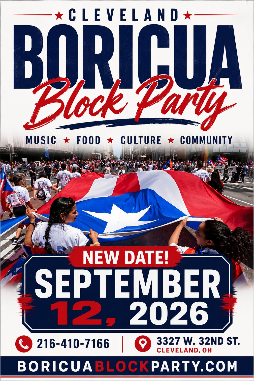 Archived Boricua Block Party artwork announcing a new date of September 12, 2026, with an earlier location printed below.